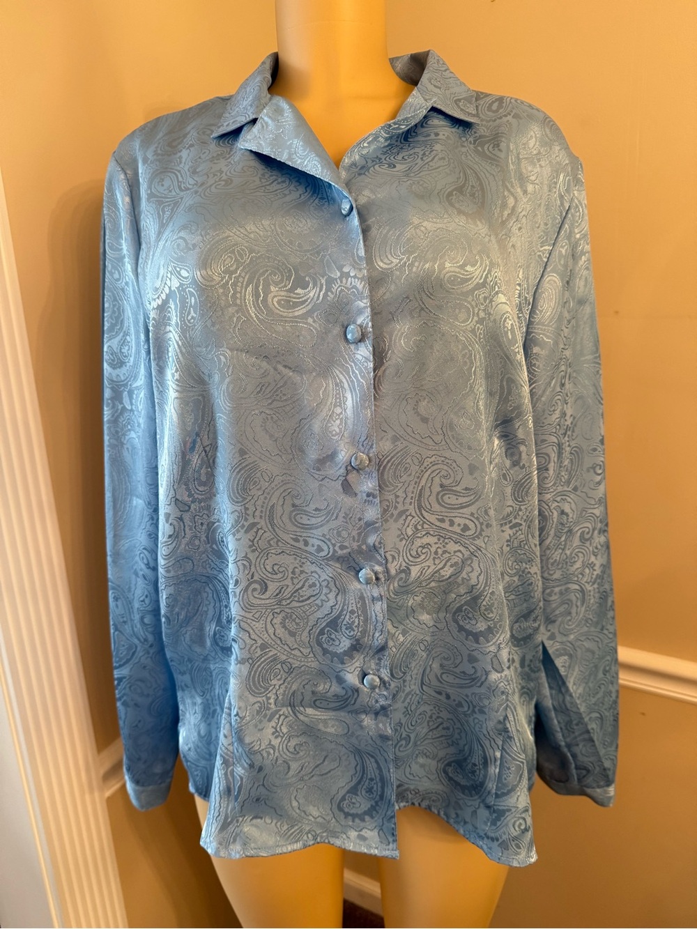 Light Blue Paisley Satin Button-Front Blouse